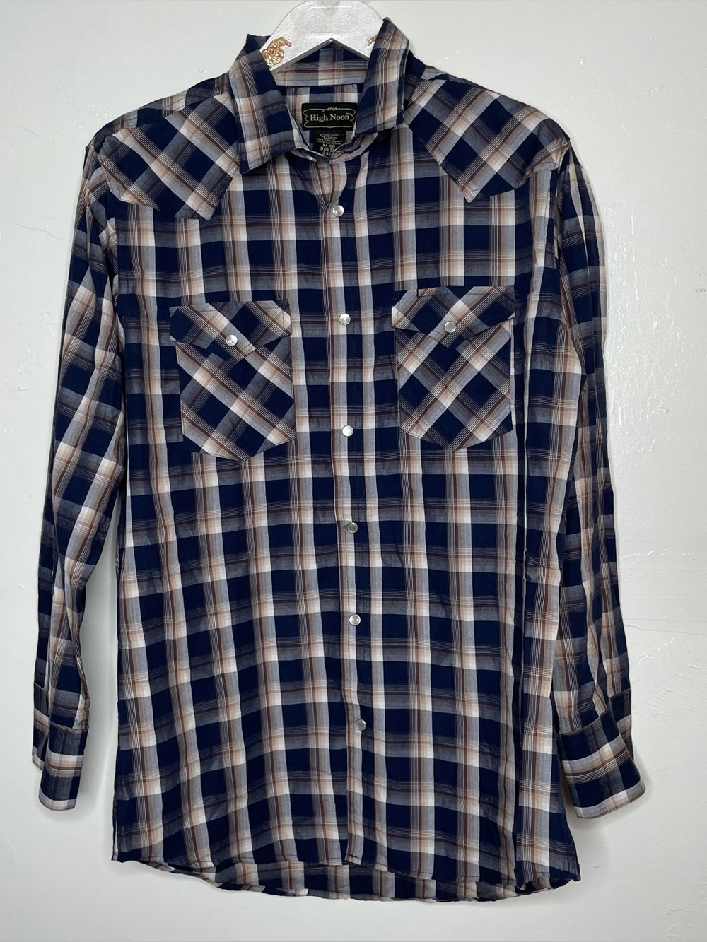 VINTAGE HIGH NOON WESTERN PEARL SNAP PLAID LONG SLEEVE SHIRT SZ M